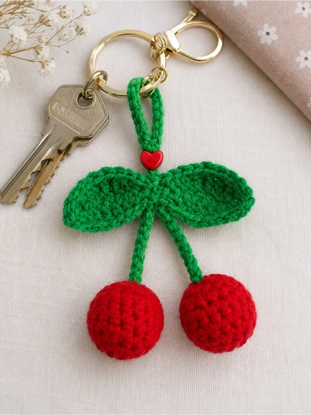 Crocheted Cherry Key Charm Card Holder - Red & Green